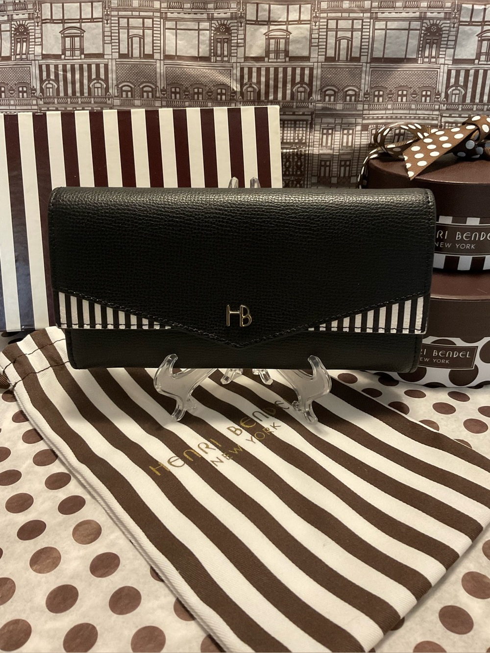 Henri Bendel Miss Bendel Envelope Wallet w Centennial Stripe Accents + Dust Bag
